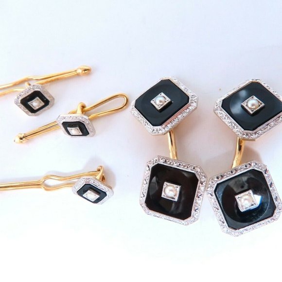 14kt Gold Onyx Studs & Cufflinks Set